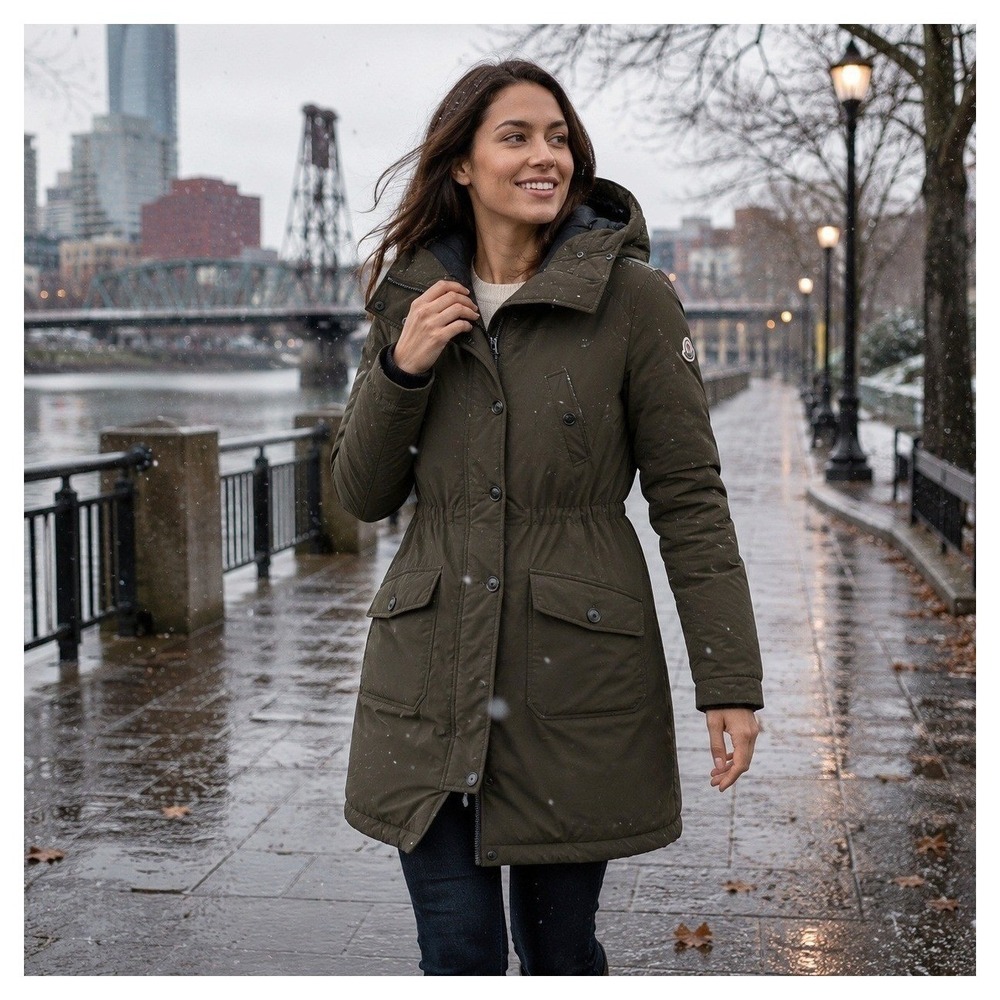 Moncler Arriette Women's Down Puffer Parka Coat Size 2 Dark Olive Green Hooded
